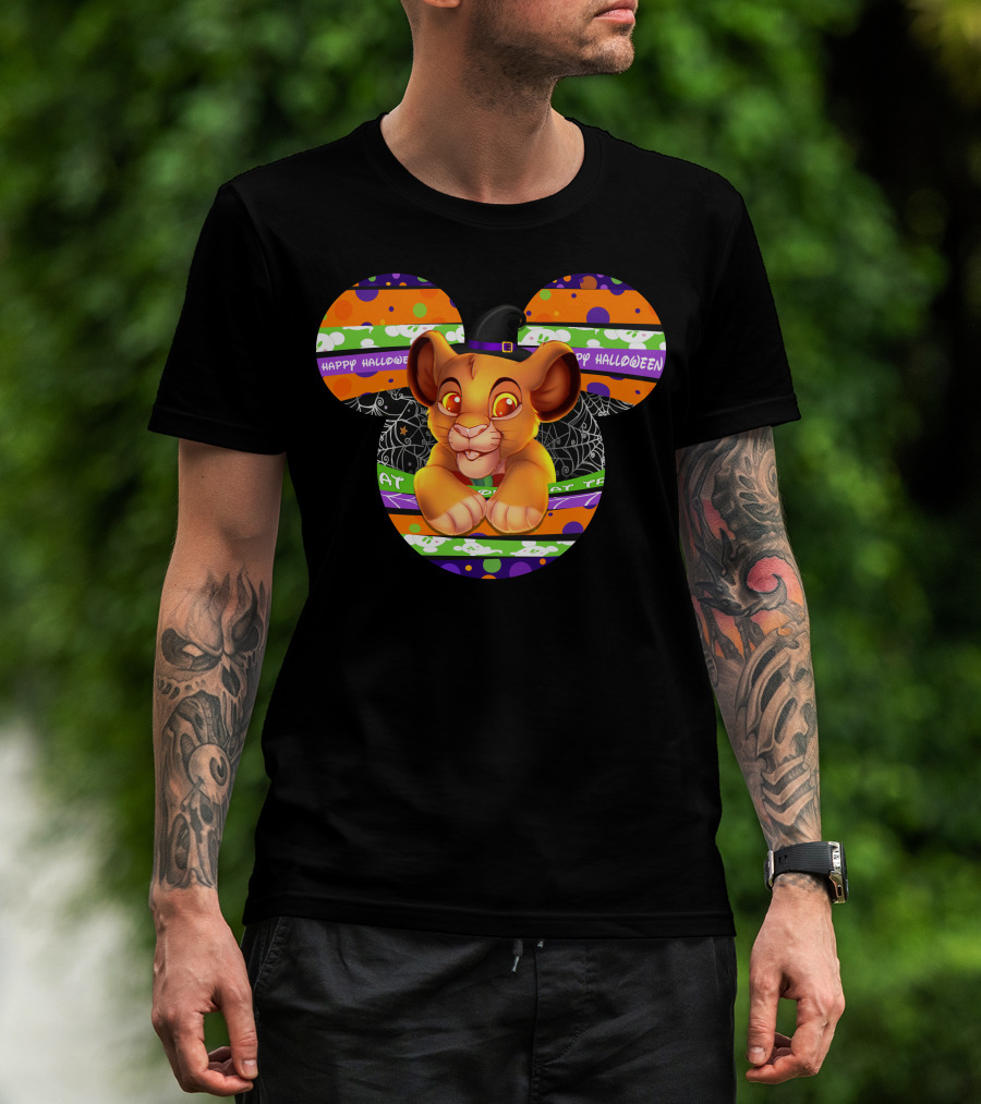 Simba Happy Halloween Mickey Mouse Ears Black Hat Spider Web Stripes T-Shirt
