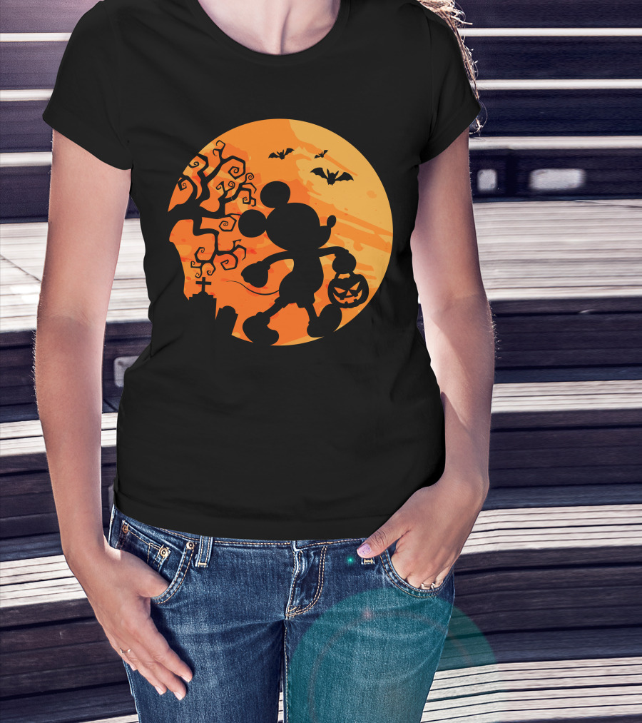Halloween 54 Mickey Mouse Silhouette With Pumpkin And Bats T-Shirt