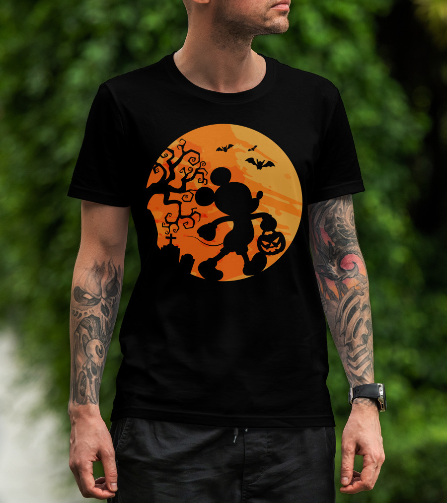 Halloween 54 Mickey Mouse Silhouette With Pumpkin And Bats T-Shirt