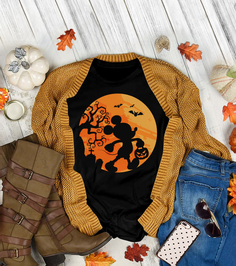 Halloween 54 Mickey Mouse Silhouette With Pumpkin And Bats T-Shirt