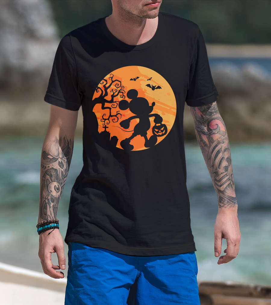 Halloween 54 Mickey Mouse Silhouette With Pumpkin And Bats T-Shirt