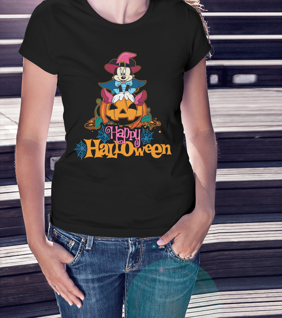 Happy Halloween 63 Mickey Mouse On Jack-O'-Lantern With Witch Hat And Spider Webs T-Shirt