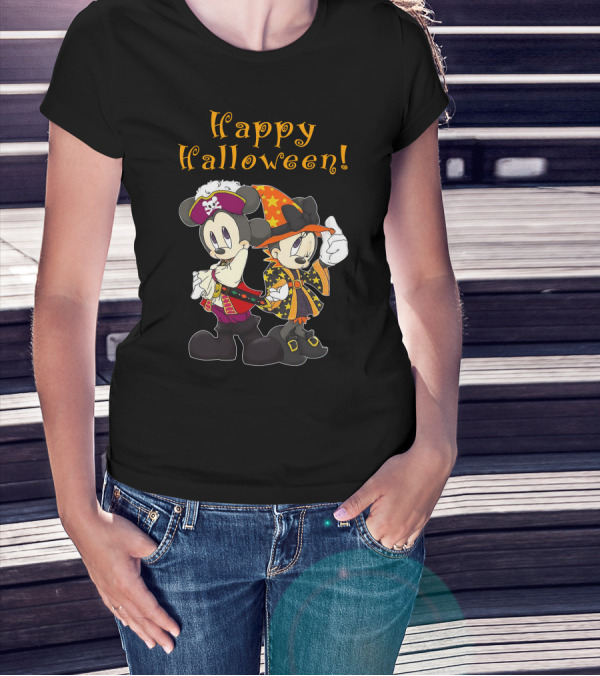 Happy Halloween Mickey And Minnie Mouse Pirate And Witch Costume T-Shirt