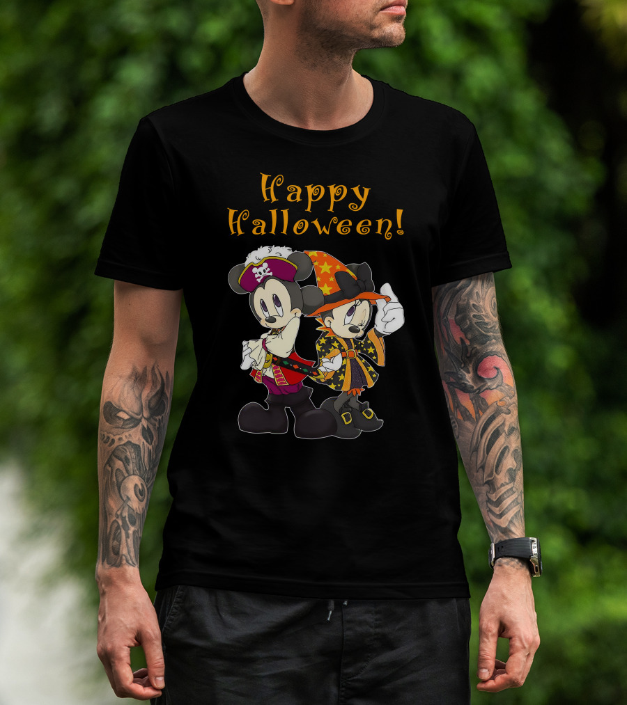 Happy Halloween Mickey And Minnie Mouse Pirate And Witch Costume T-Shirt