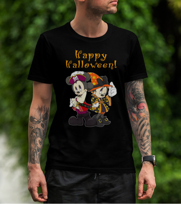 Happy Halloween Mickey And Minnie Mouse Pirate And Witch Costume T-Shirt