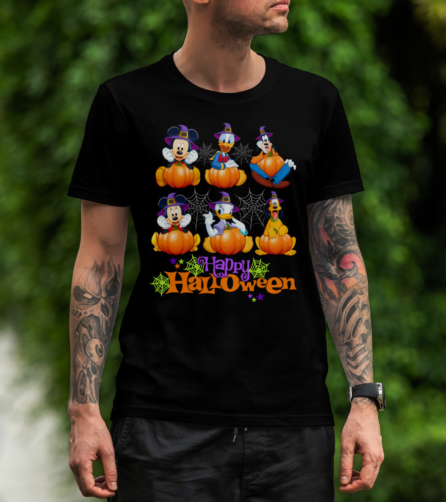 Mickey And Friends Happy Halloween Pumpkins And Spiderwebs T-Shirt