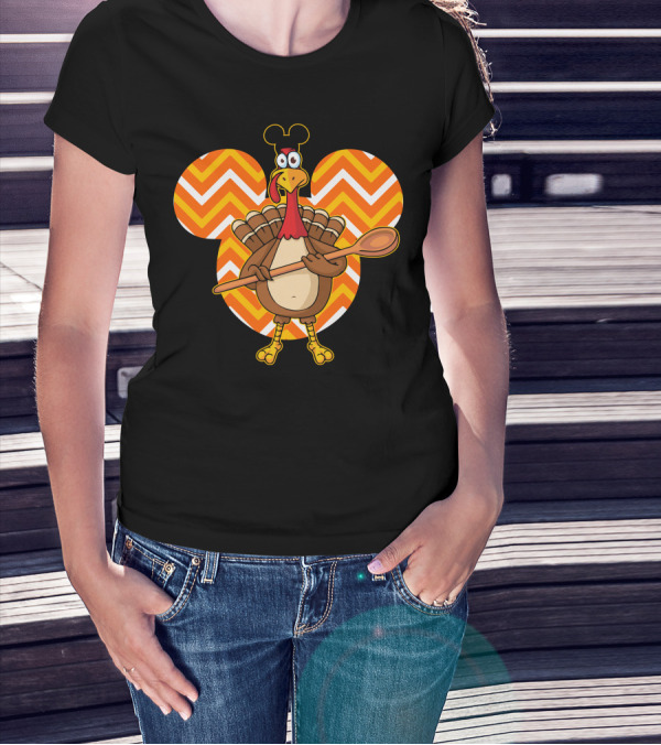 Thanksgiving Turkey With Spoon And Mickey Ears On Chevron T-Shirt