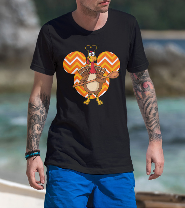 Thanksgiving Turkey With Spoon And Mickey Ears On Chevron T-Shirt