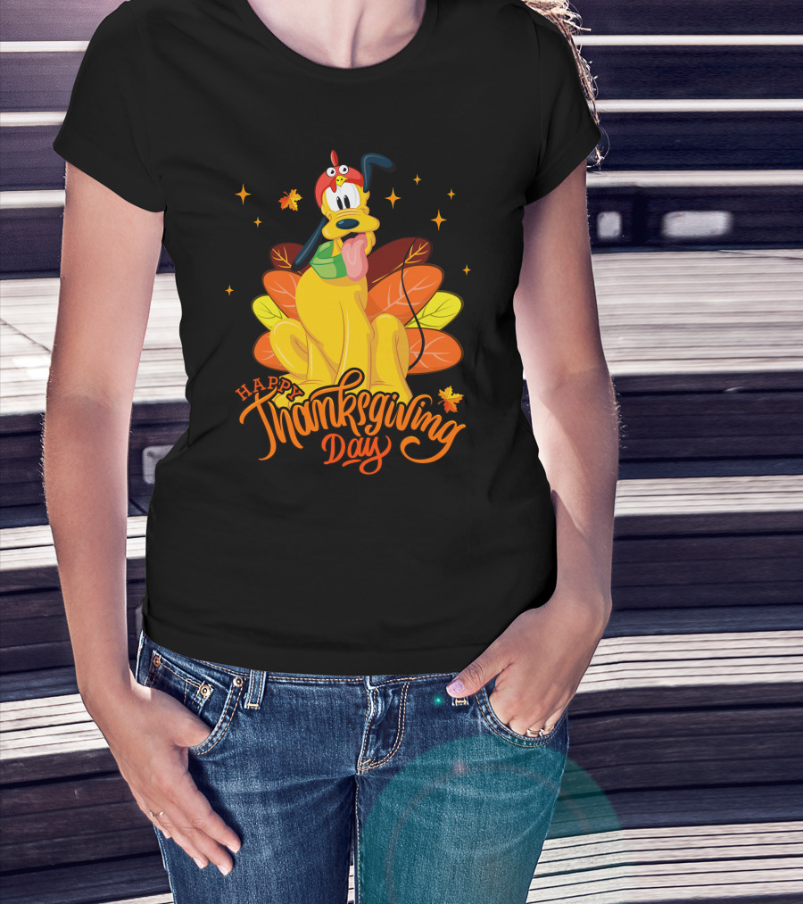 Happy Thanksgiving Day Pluto Turkey Costume Autumn Leaves Stars T-Shirt