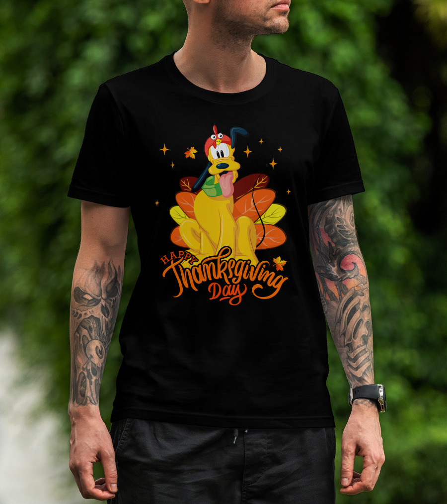 Happy Thanksgiving Day Pluto Turkey Costume Autumn Leaves Stars T-Shirt