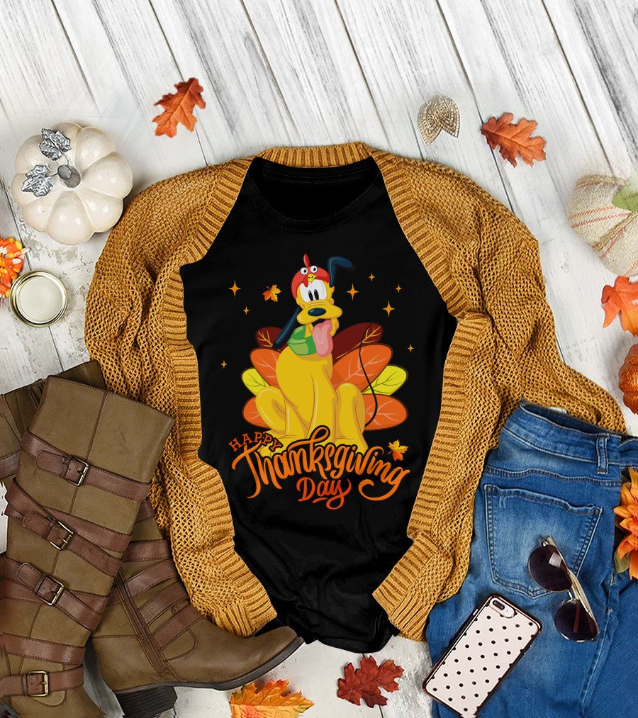 Happy Thanksgiving Day Pluto Turkey Costume Autumn Leaves Stars T-Shirt