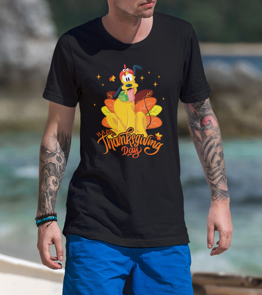 Happy Thanksgiving Day Pluto Turkey Costume Autumn Leaves Stars T-Shirt