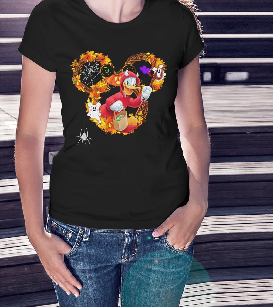 Donald Halloween Devil Costume With Mickey Pumpkin And Autumn Leaves T-Shirt