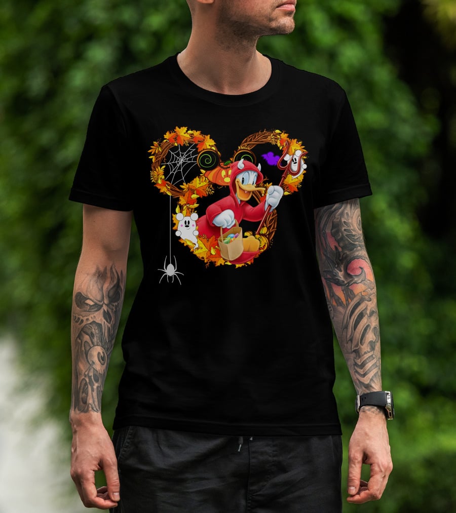 Donald Halloween Devil Costume With Mickey Pumpkin And Autumn Leaves T-Shirt