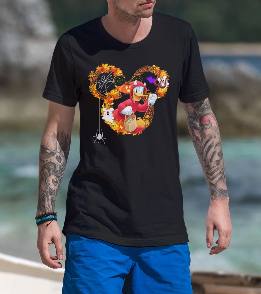 Donald Halloween Devil Costume With Mickey Pumpkin And Autumn Leaves T-Shirt