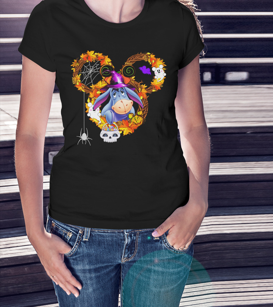 Eeyore Halloween Wreath With Witch Hat And Candy Skulls T-Shirt