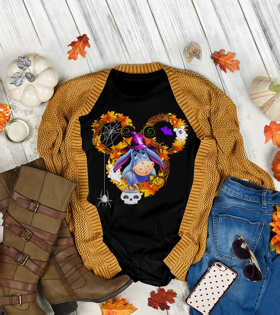 Eeyore Halloween Wreath With Witch Hat And Candy Skulls T-Shirt