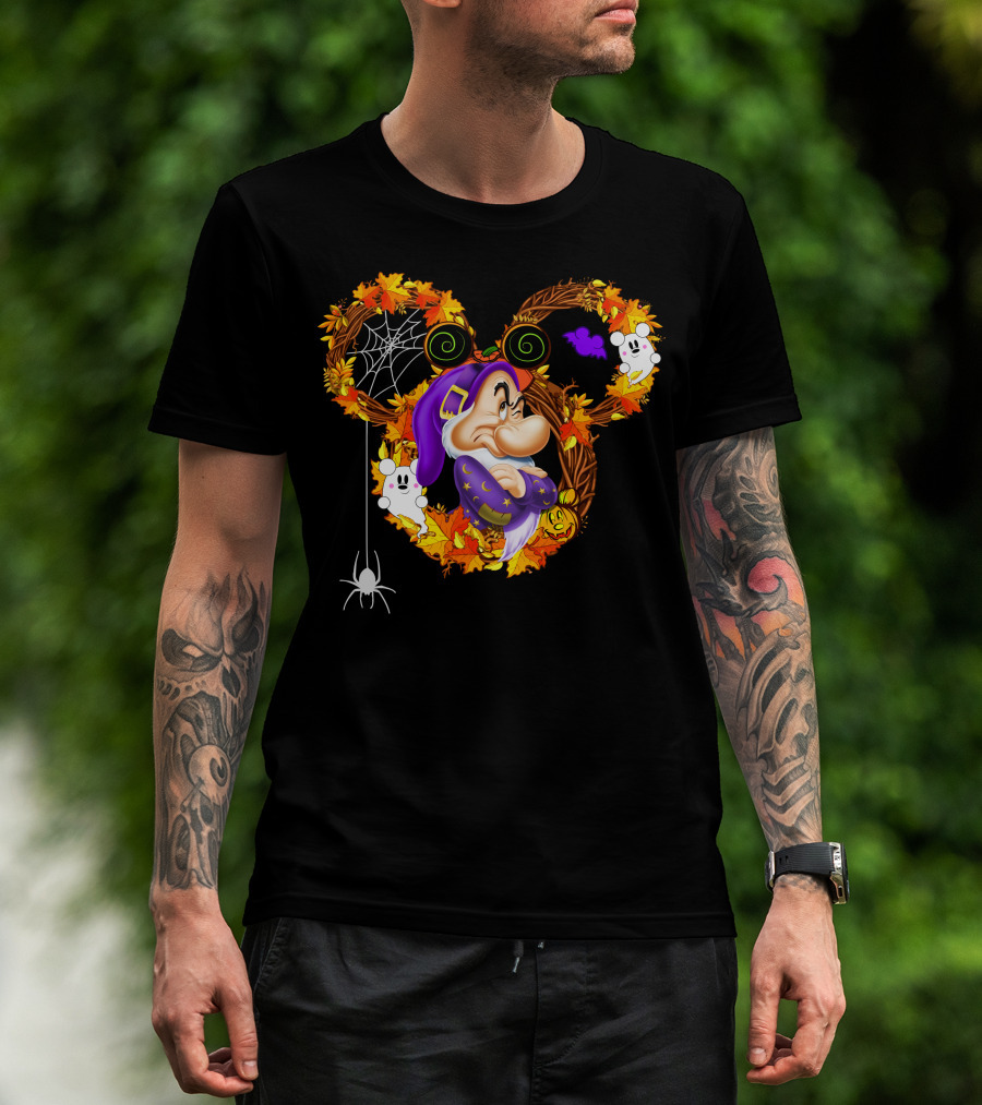 Grumpy Halloween Wreath With Ghosts And Spider Web In Autumn Colors T-Shirt