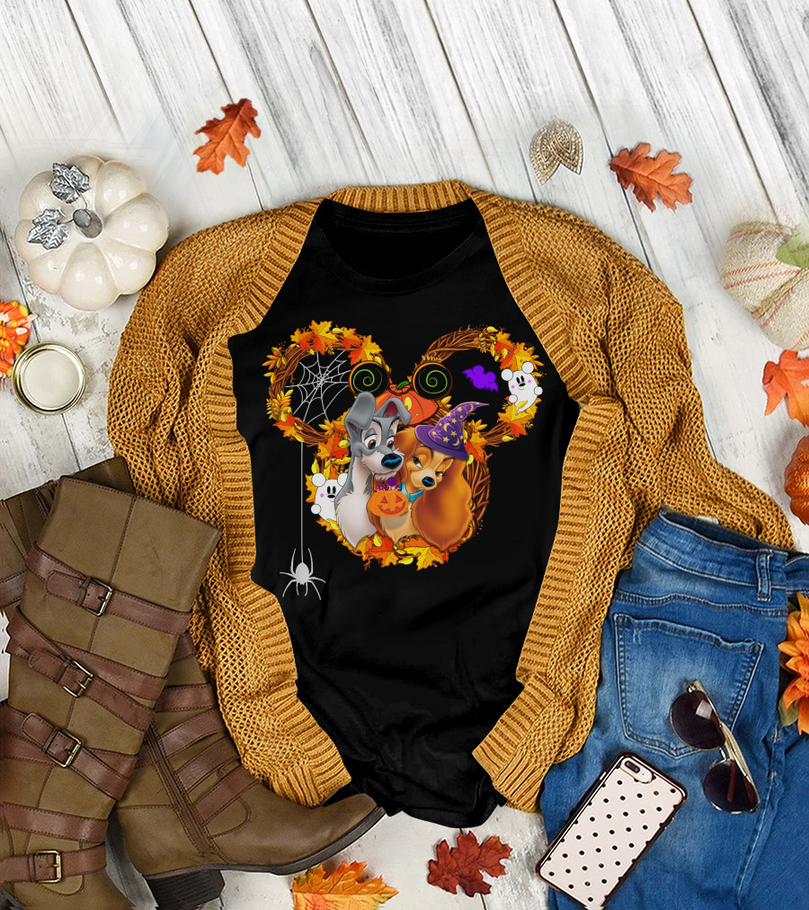 Lady And The Tramp Halloween Wreath With Pumpkins And Ghosts T-Shirt