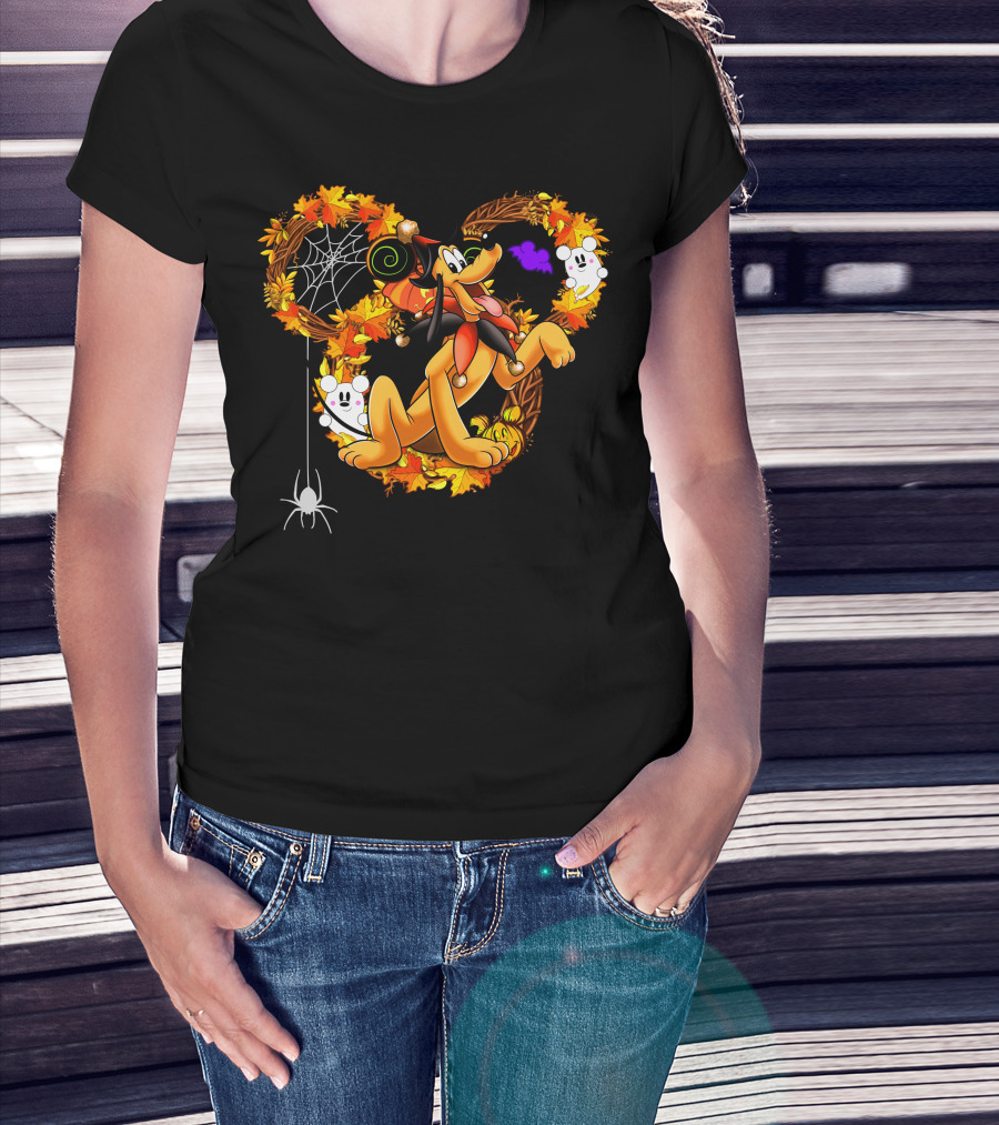 Pluto Halloween Autumn Wreath With Ghosts And Spiderweb T-Shirt