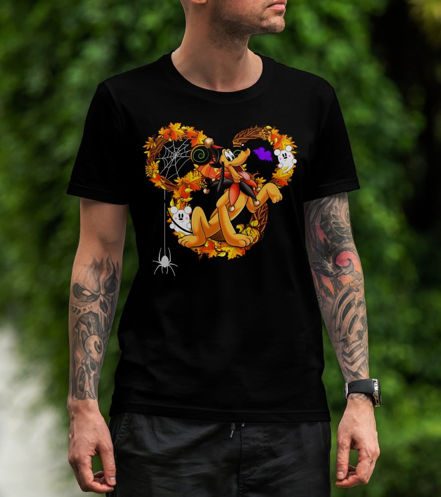 Pluto Halloween Autumn Wreath With Ghosts And Spiderweb T-Shirt
