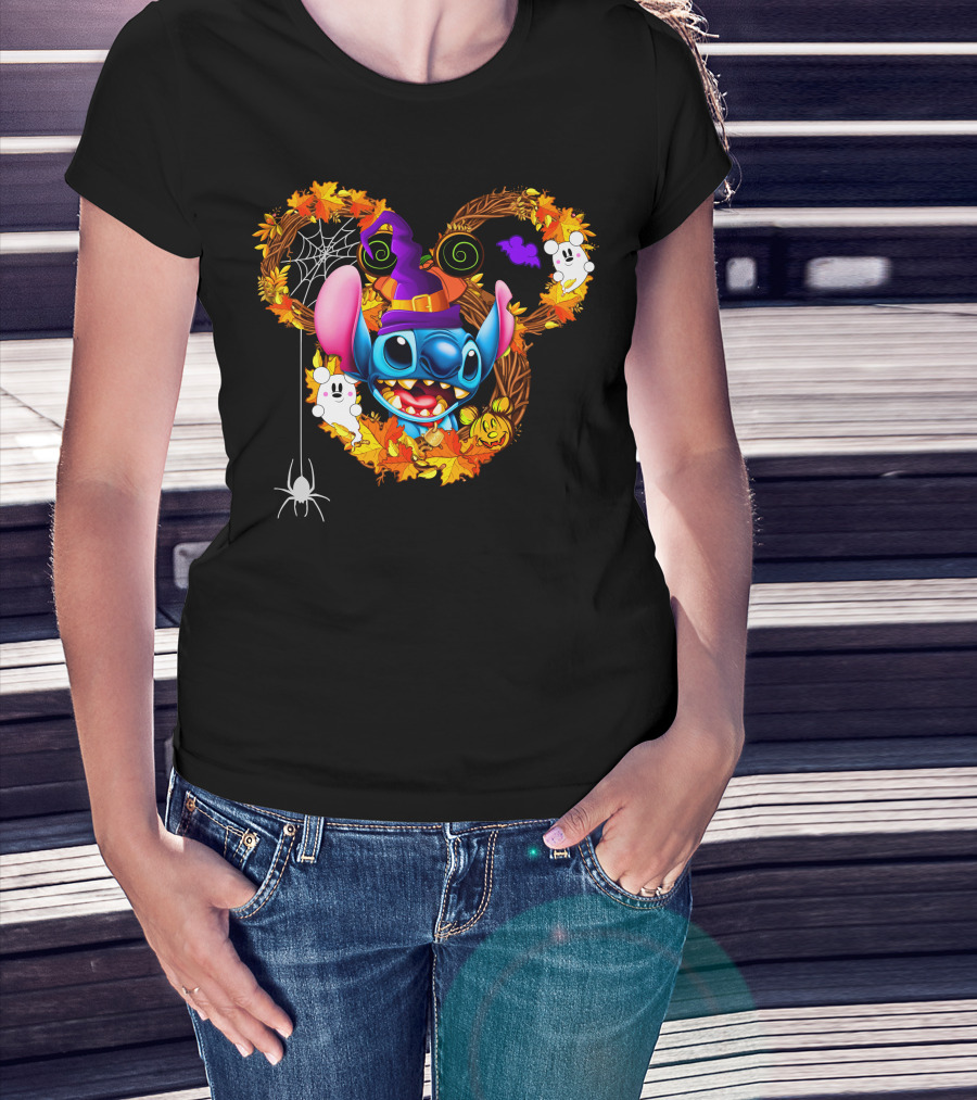 Stitch Halloween Mickey Mouse Ears With Spooky Autumn Leaves And Spider Web T-Shirt