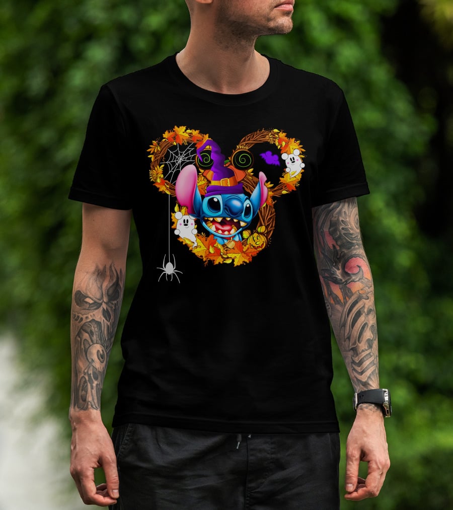 Stitch Halloween Mickey Mouse Ears With Spooky Autumn Leaves And Spider Web T-Shirt