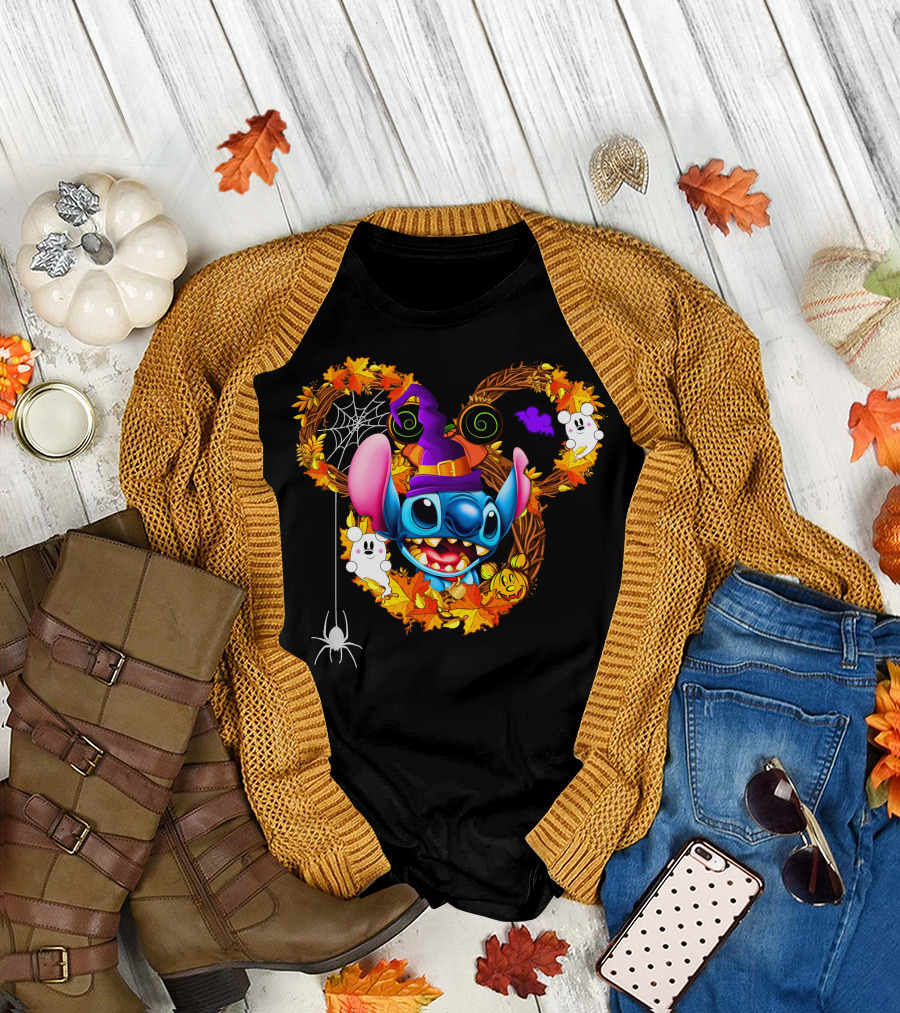 Stitch Halloween Mickey Mouse Ears With Spooky Autumn Leaves And Spider Web T-Shirt