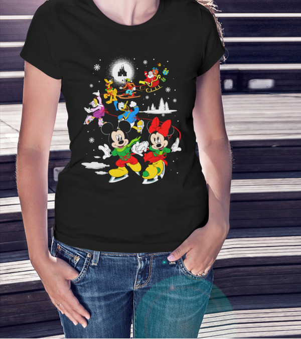 Merry Christmas 90 Disney Mickey Minnie Donald Goofy Pluto Santa Sled 스케이트 타기 T-Shirt