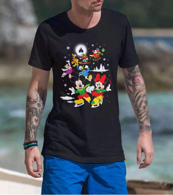 Merry Christmas 90 Disney Mickey Minnie Donald Goofy Pluto Santa Sled 스케이트 타기 T-Shirt