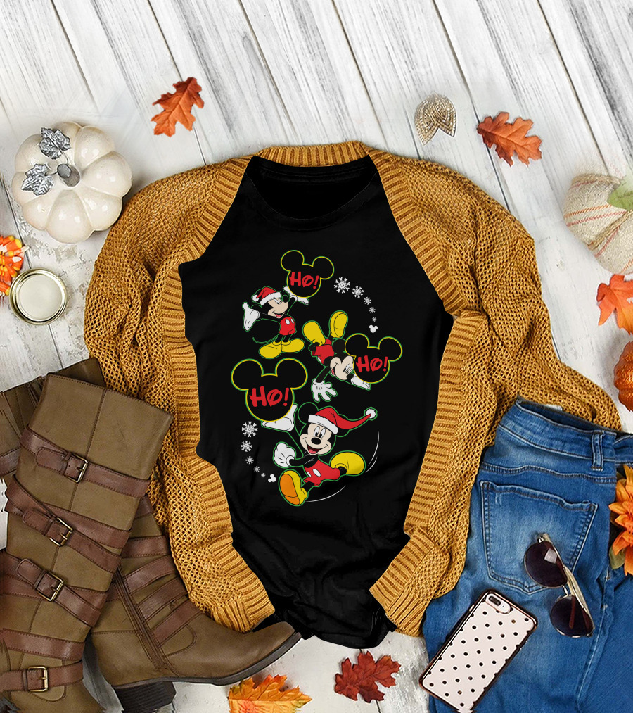 Merry Christmas 112 Mickey Mouse Ho Ho Santa Hat Snowflakes T-Shirt