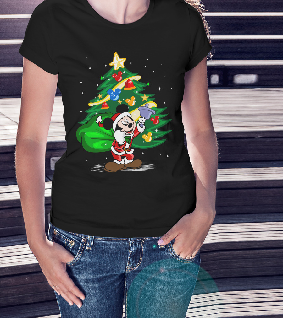 Mickey Mouse Santa With Christmas Tree And Ornaments T-Shirt