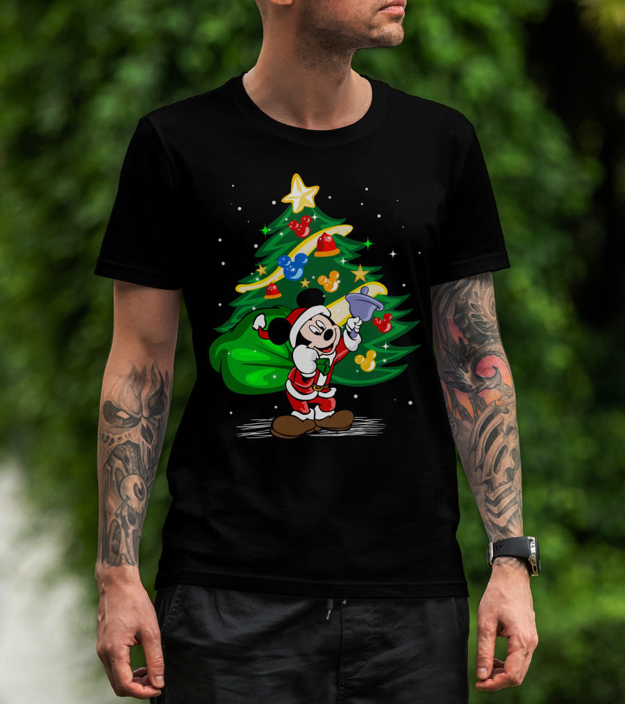 Mickey Mouse Santa With Christmas Tree And Ornaments T-Shirt