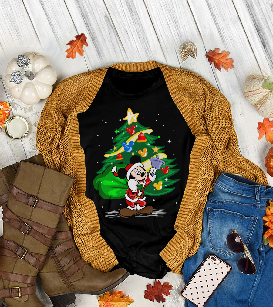 Mickey Mouse Santa With Christmas Tree And Ornaments T-Shirt
