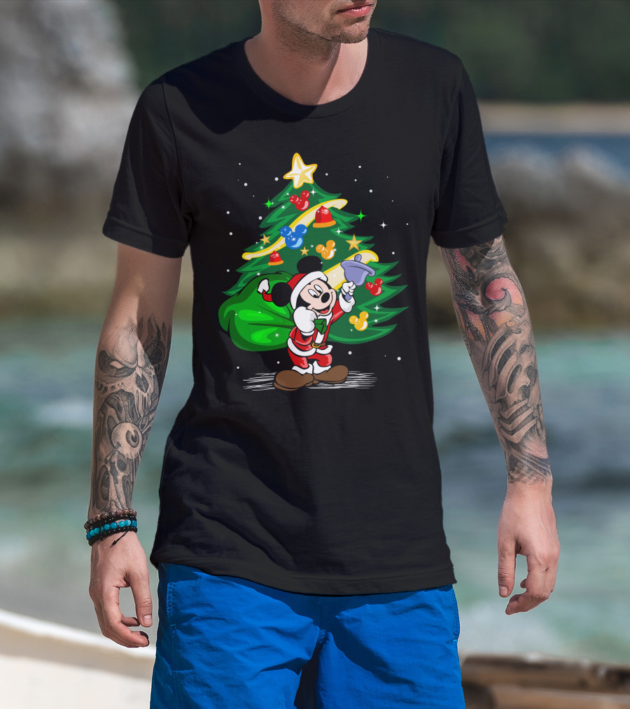 Mickey Mouse Santa With Christmas Tree And Ornaments T-Shirt
