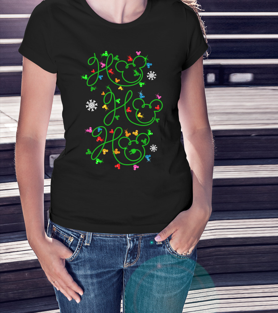Ho Ho Ho Merry Christmas 54 Mickey Mouse Ears Snowflakes Colorful Ornaments T-Shirt