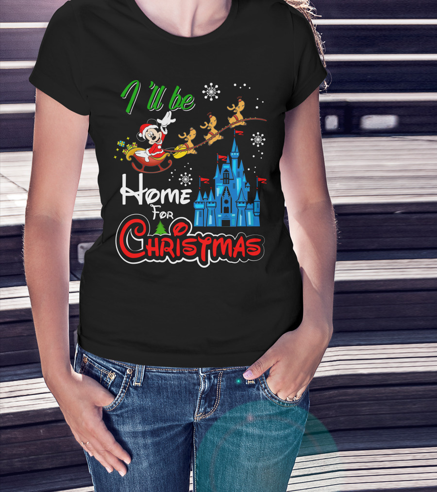 I'll Be Home For Christmas Mickey Mouse Santa Sleigh Castle Reindeer Snowflakes T-Shirt