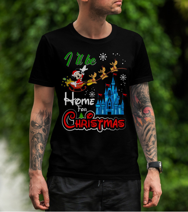 I'll Be Home For Christmas Mickey Mouse Santa Sleigh Castle Reindeer Snowflakes T-Shirt