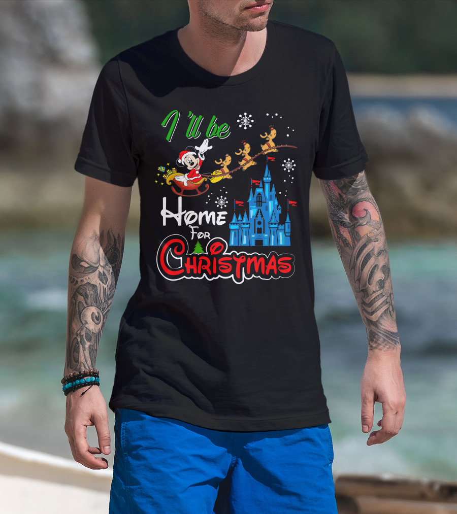 I'll Be Home For Christmas Mickey Mouse Santa Sleigh Castle Reindeer Snowflakes T-Shirt