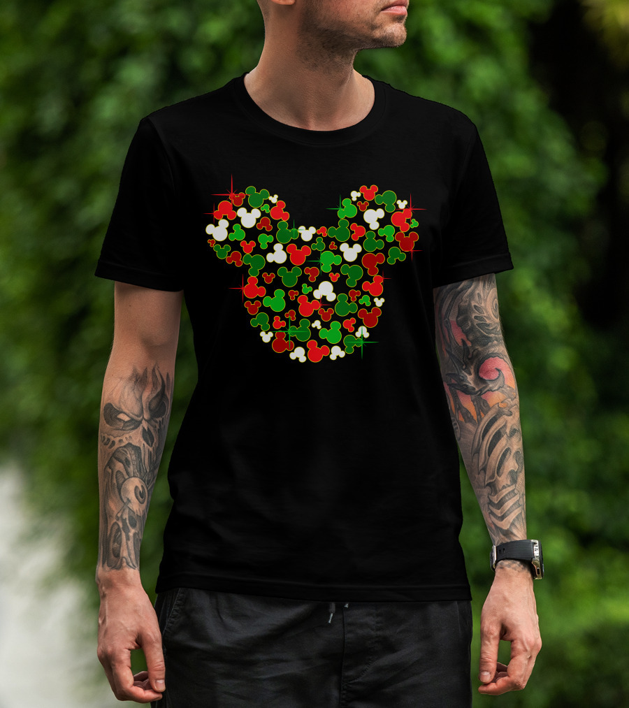Festive Mickey Icon Pattern In Red Green And White T-Shirt