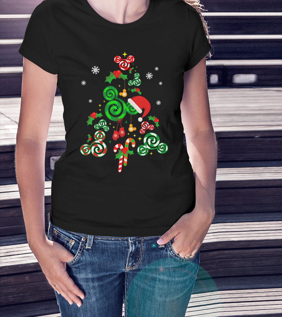 Merry Christmas 24 Candy Cane Tree With Santa Hat And Snowflakes T-Shirt