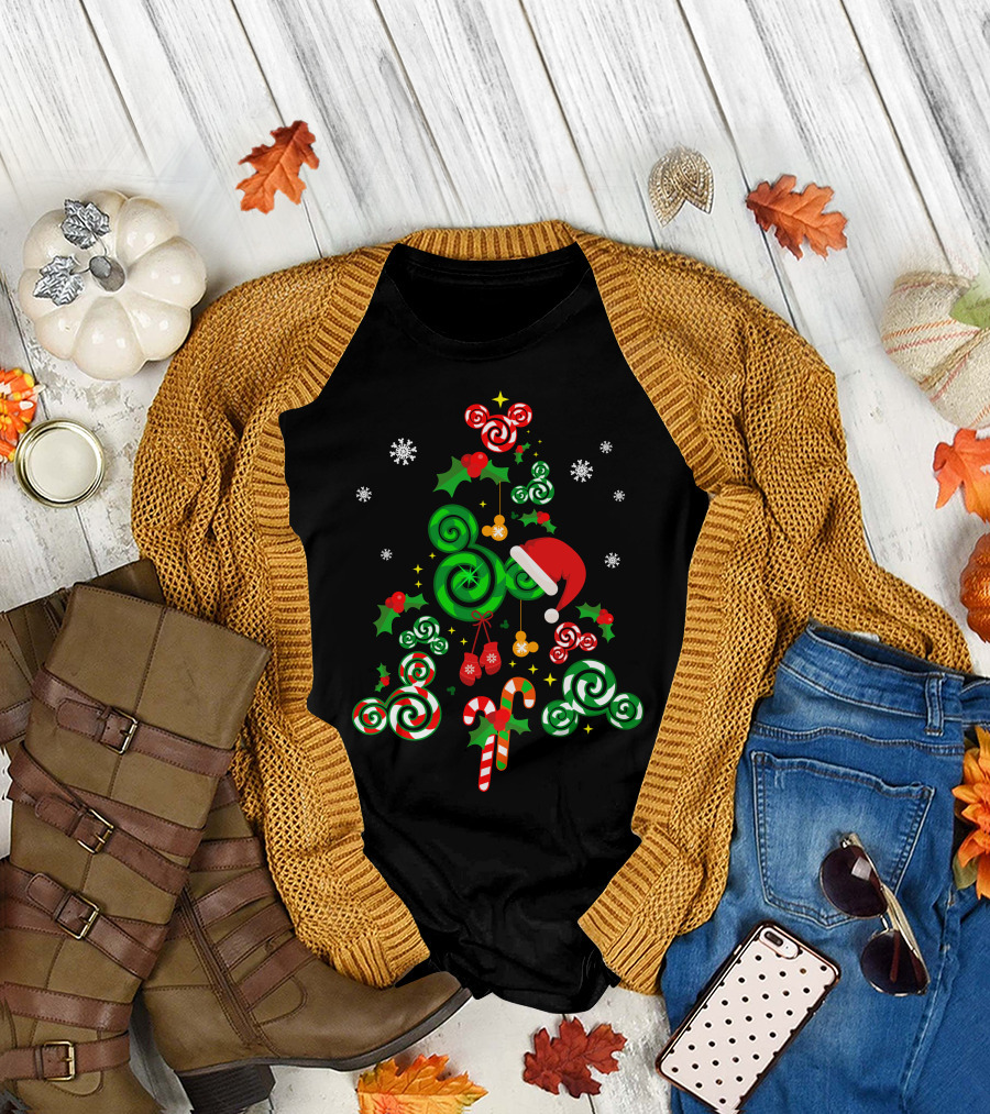 Merry Christmas 24 Candy Cane Tree With Santa Hat And Snowflakes T-Shirt