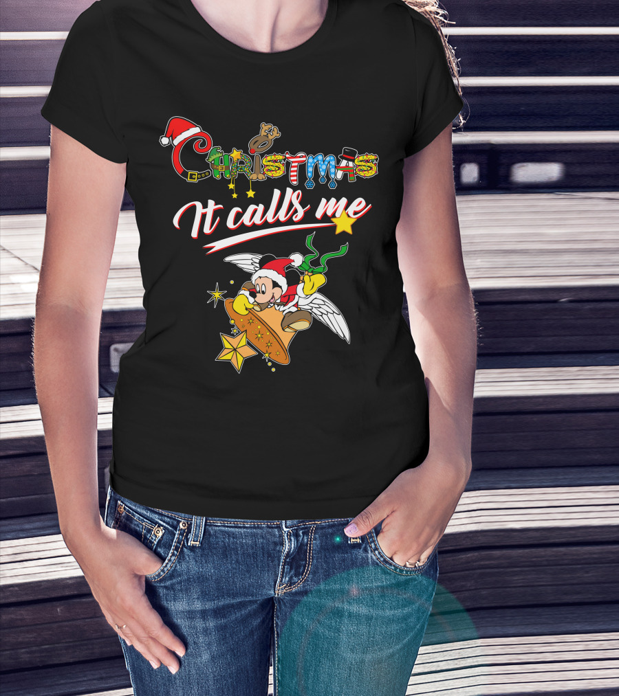 Christmas It Calls Me Mickey Santa Hat Winged Bell T-Shirt