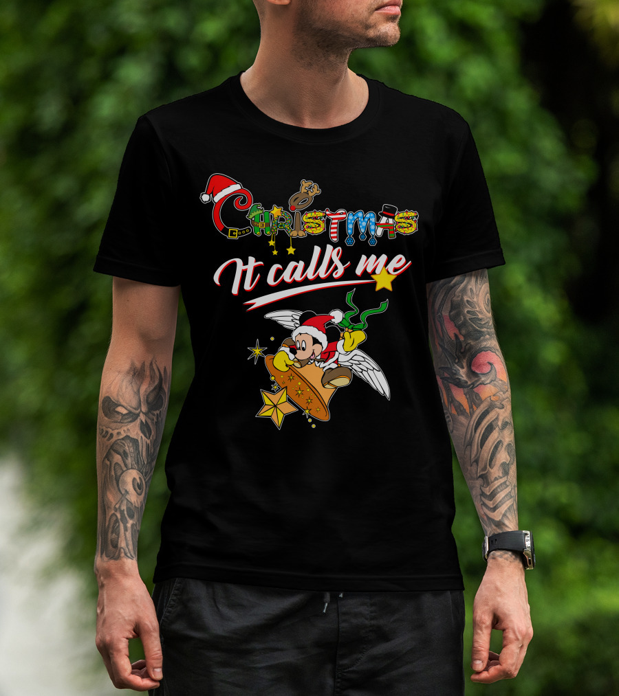 Christmas It Calls Me Mickey Santa Hat Winged Bell T-Shirt