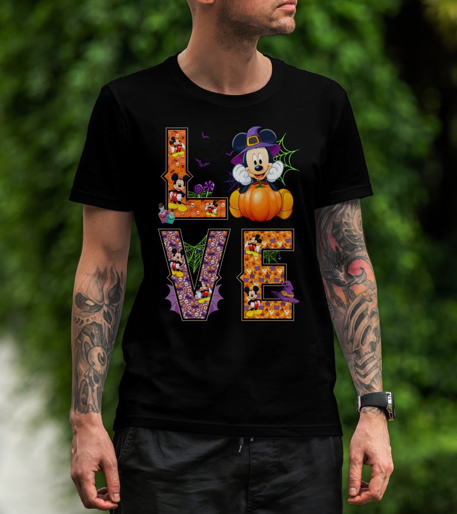 Love Halloween Mickey Mouse Pumpkin Witch Hat Spooky Bats T-Shirt