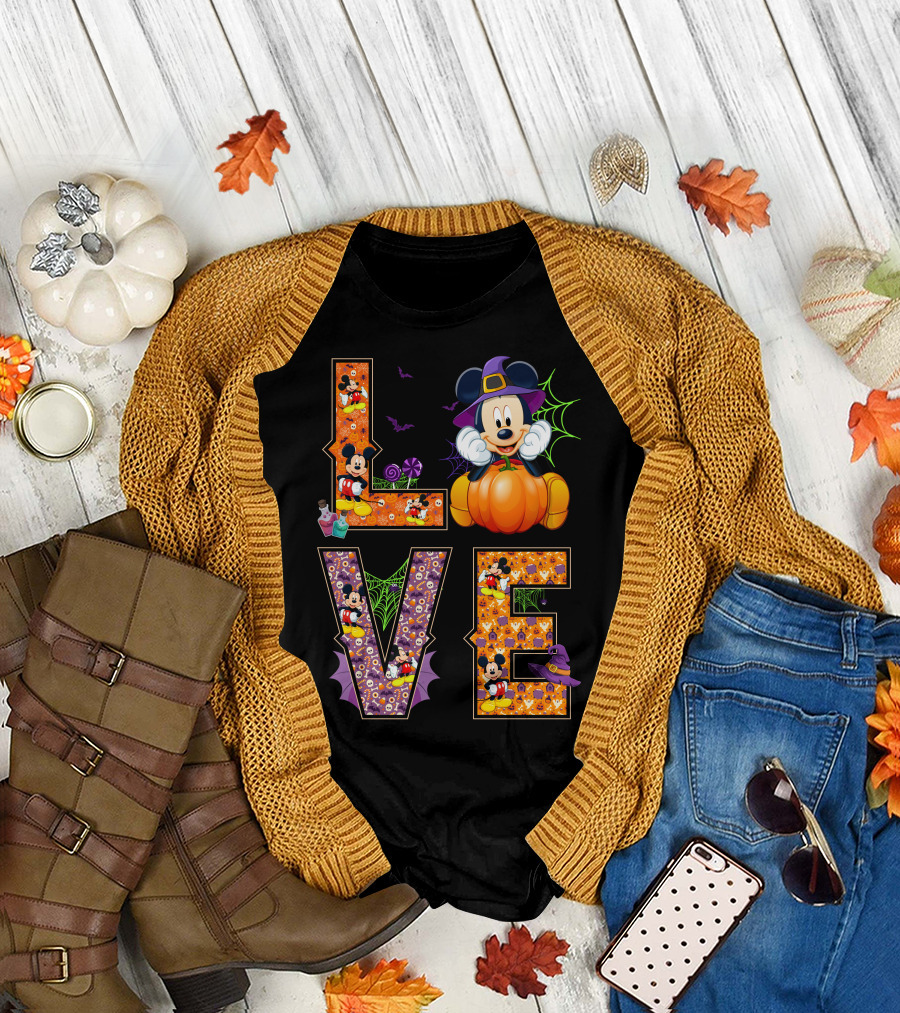 Love Halloween Mickey Mouse Pumpkin Witch Hat Spooky Bats T-Shirt