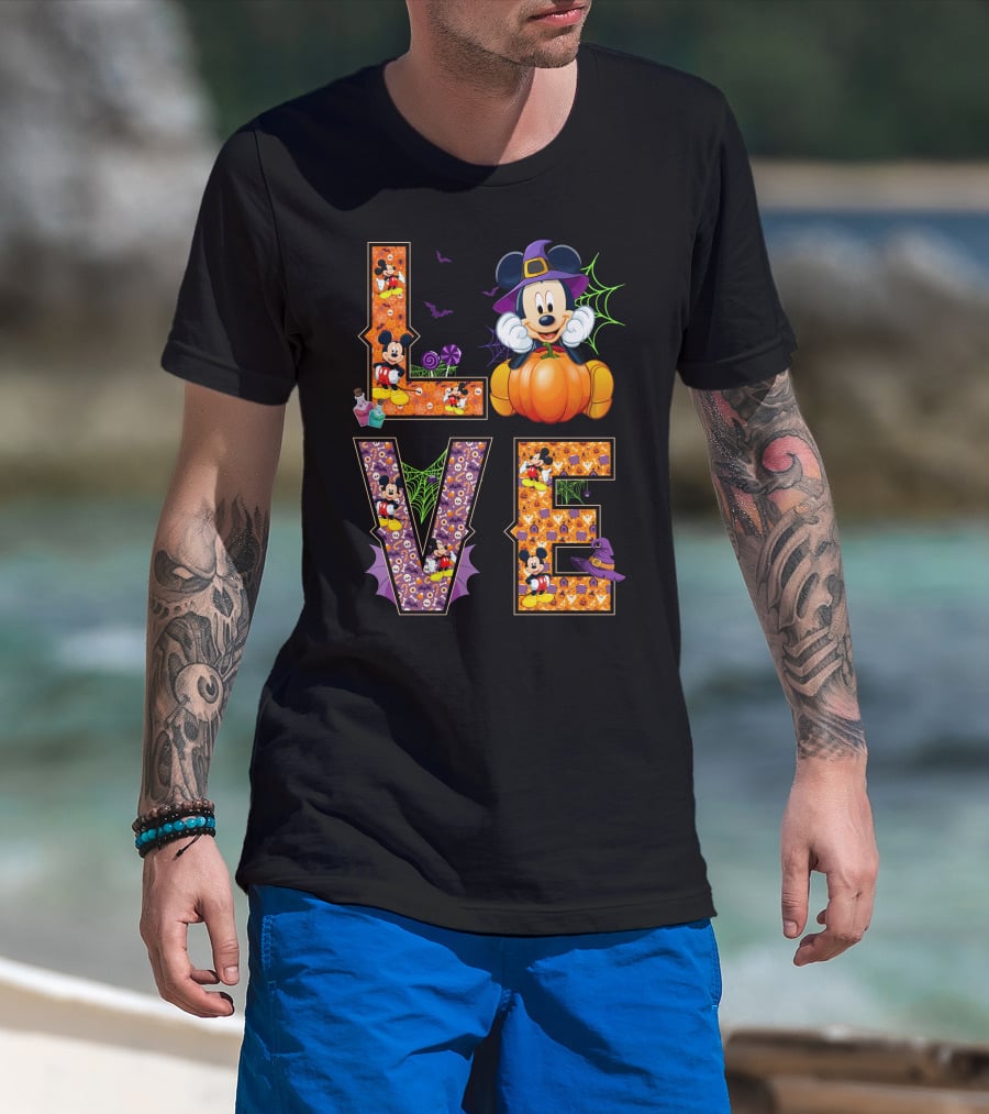 Love Halloween Mickey Mouse Pumpkin Witch Hat Spooky Bats T-Shirt
