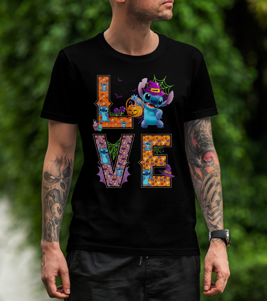 Love Stitch Halloween Theme With Pumpkin And Spiderwebs T-Shirt