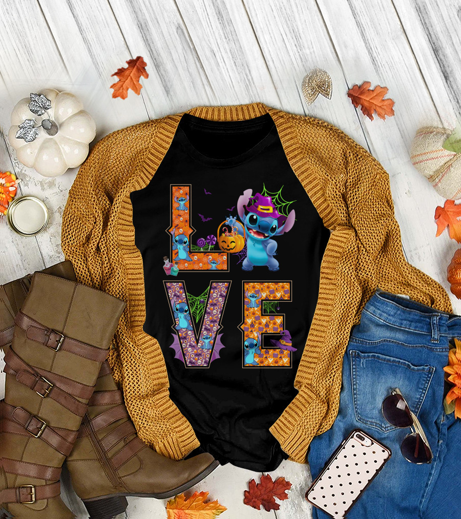 Love Stitch Halloween Theme With Pumpkin And Spiderwebs T-Shirt