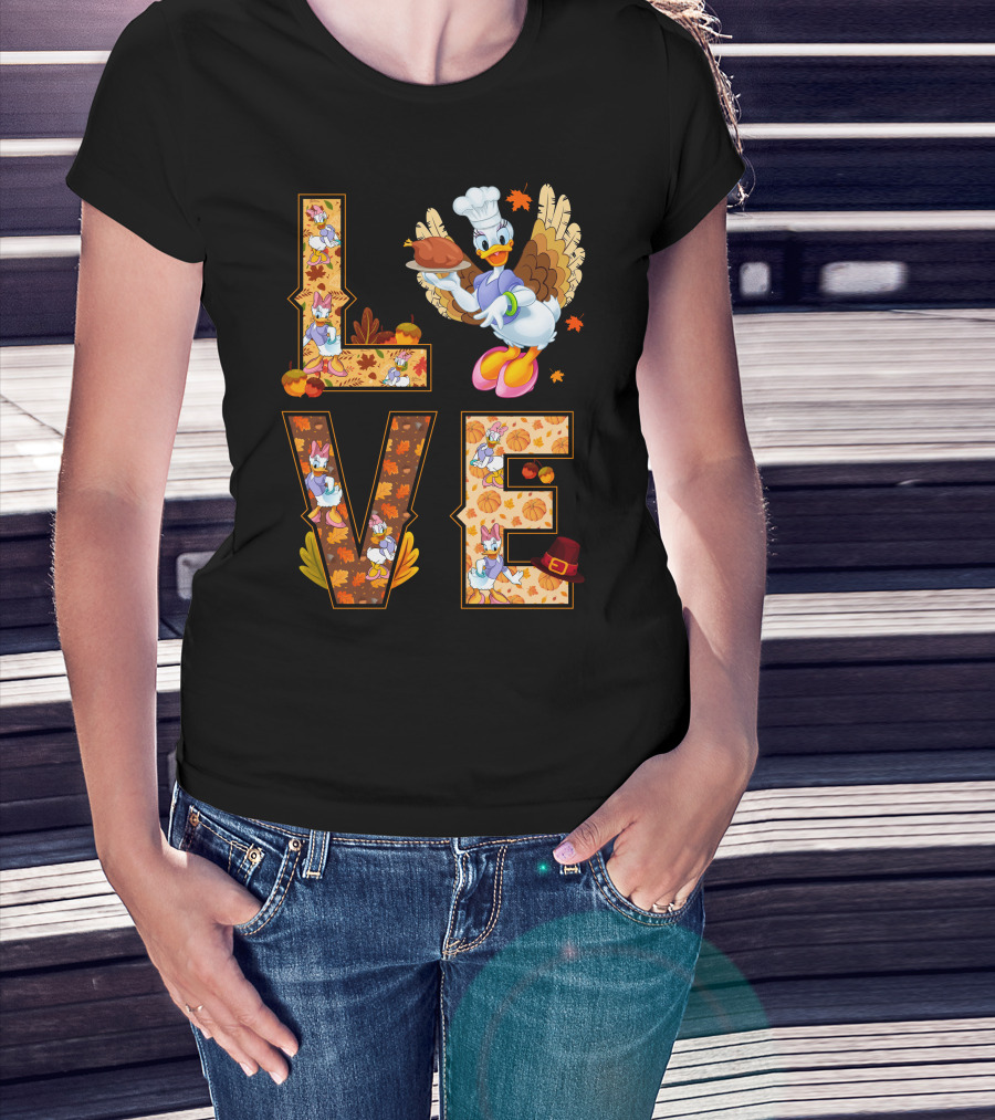 Thanksgiving Daisy Duck Love Fall Leaves Pumpkins Turkey Chef Hat T-Shirt